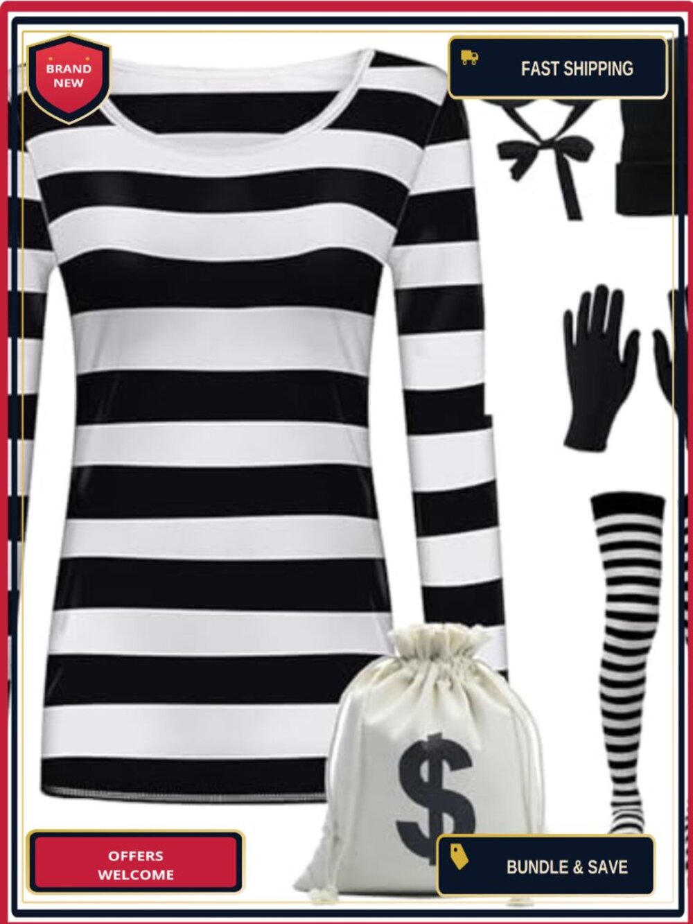 Women's Bank Robber Costume Set Striped Long Sleeve Tee Knit Hat Gloves